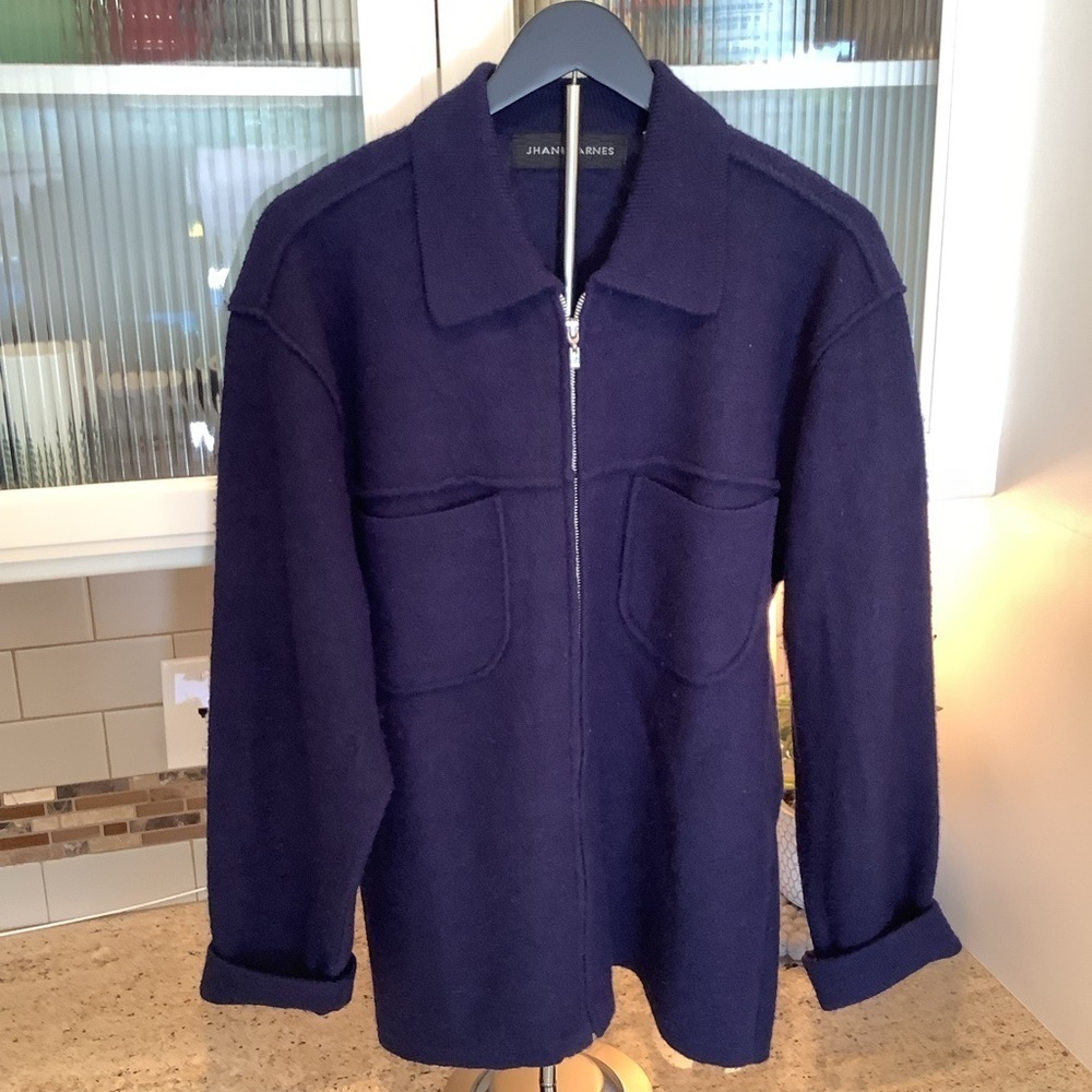 Jhane Barnes Navy Zip-Up Wool Alpaca Sweater Oversized Medium